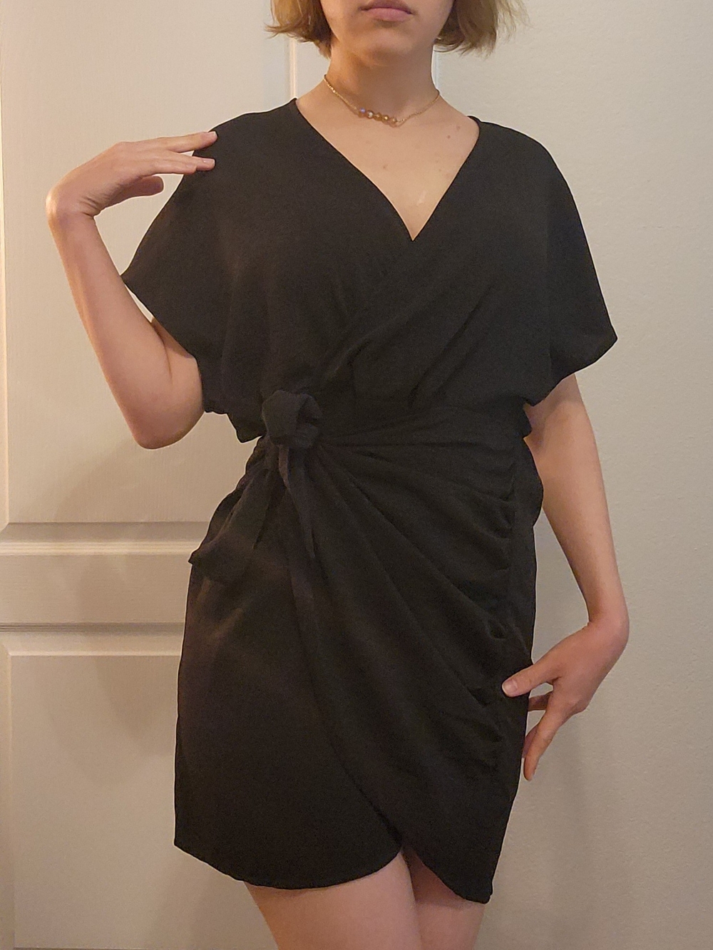 SHEIN Black Ruched Wrap Mini Dress LBD Side Tie L